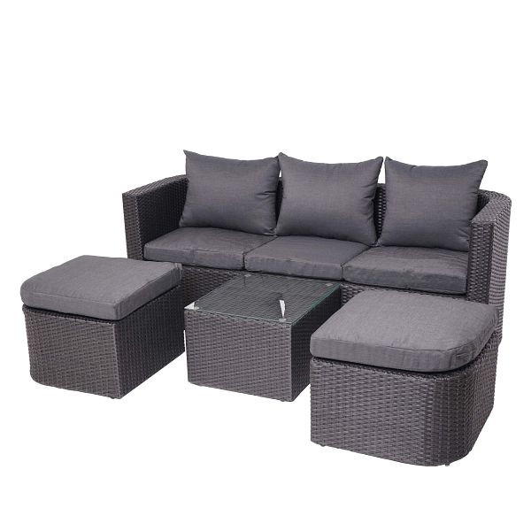Mendler HWC-J37 3-in-1 set, zonne-eiland tuin/loungeset, Spun Poly halfrond poly rattan, antraciet, donkergrijze kussens, 77282