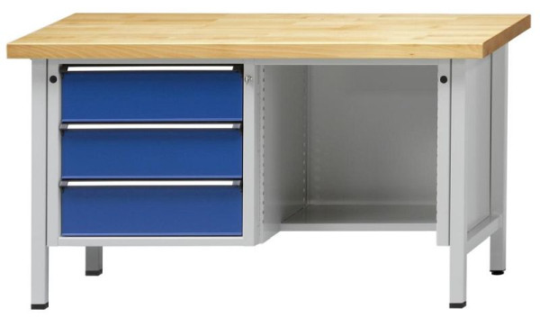ANKE kastwerkbank; 1500x700mm; RAL 7035/5010; Links 3 laden 180 mm; Rechts achteraan