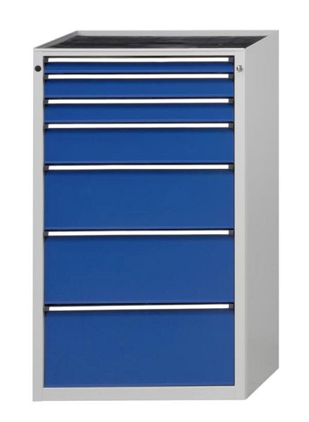 ANKE ladekast; 765 x 700 x 1320 mm; RAL 7035/5010; Massief beuken blad 40 mm; 7 laden 60, 90, 90, 150, 240, 270, 300 mm, 610.109