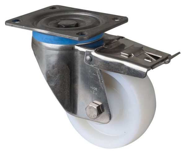 BS rollen RVS zwaarlastwiel zwenkwiel met rem, RVS, kunststof wiel, glijlager, schroefplaat, diameter 125 mm, HS120.A90.125