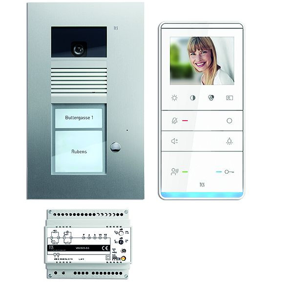 TCS deurbediening video: pack UP voor 1 wooneenheid, met voordeurstation AVU 1 belknop, 1x video handsfree luidspreker IVW5111, bedieningseenheid, PVU17100-0010