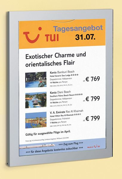 Kerkmann Daily informatiedrager, B 350 x D 20 x H 470 mm, aluminium zilver/transparant, 43649914