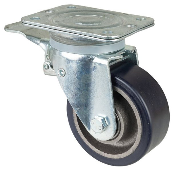 BS-wielen Veerbelaste zwaarlastwielen met rem, breedte 50 mm, Ø125 mm, tot 400 kg, polyurethaan gegoten 78 Shore A, gietijzer, kogellagers, T120.C11.125