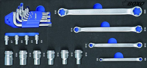 Boxo 1/2" en 1/4" TX-E dopsleutel en TX ringsleutel set, 23 stuks, VE: 10 stuks, BX051