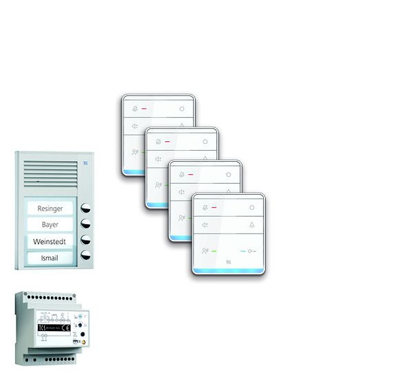 TCS deurbediening audio: pack AP voor 4 woonunits, met buitenstation PAK 4 belknoppen, 4x handsfree luidspreker ISW5010, bedieningsunit BVS20, PPAF04-EN / 01