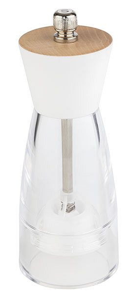 APS zoutmolen -FRIDA-, Ø 6 cm, hoogte: 15,5 cm, acryl, beukenhout, kleur: wit/transparant, molen van roestvrij staal, 40550