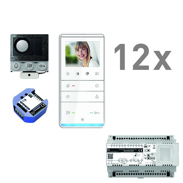 TCS video inbouw mailbox, 12 woonunits, ingebouwde luidspreker ASI12000 + 12x handsfree speaker IVW5111, besturingsapparaat + video tweedraadszender, PVIF120/001