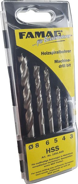 Famag houtboor HSS, in cassette, executie: 5 stuks in cassette Ø 4, 5, 6, 8, 10 mm, 1591.845.00