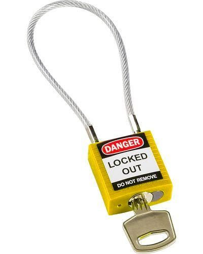 Brady compact veiligheidsslot, verschillend sleutelverdeling, met kabelbeugel 200 mm, geel, 244331
