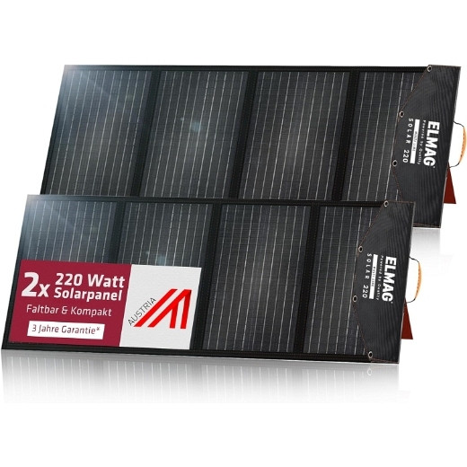 ELMAG opvouwbaar zonnepaneel SOLAR 220 DUO - monokristallijn, 18VDC, 2x220Wp voor draagbare elektriciteitscentrales, verpakking: 2 stuks, 52954