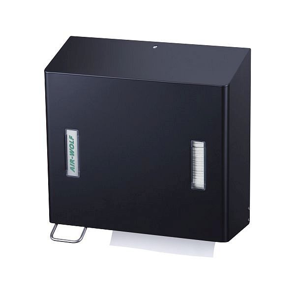 Air Wolf zeep- en papieren handdoekdispenser, Omega-serie, H x B x D: 377 x 377 x 163 mm, mat zwart gecoat roestvrij staal, 29-571