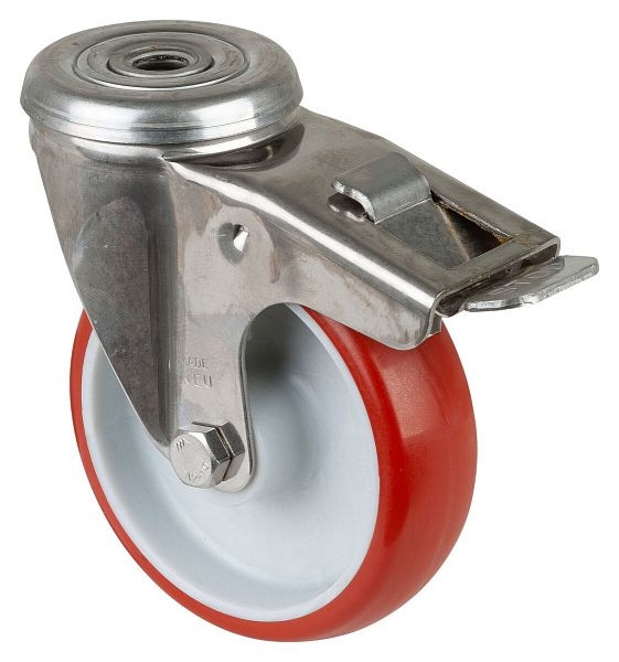 BS rollen RVS transportrol met rem, B30 mm, Ø100 mm, tot 130 kg, rood polyurethaan oppervlak, kunststof behuizing, glijlager, H121.B26.100