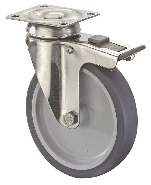 BS rollen RVS apparatenrol met rem, breedte 18 mm, Ø50 mm, tot 40 kg, grijs rubber, plaat, glijlager, VE 4 stuks, G120.A80.051