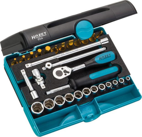 Hazet dopsleutelset, hol vierkant 6,3 mm, buiten zeskant trekprofiel, binnen zeskant profiel, Phillips profiel, aantal gereedschappen: 30, 854