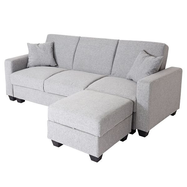 Mendler sofa HWC-H47 met poef, slaapbank logeerbed, slaapfunctie opbergruimte 217x145cm, stof/textiel lichtgrijs, 89538+89539