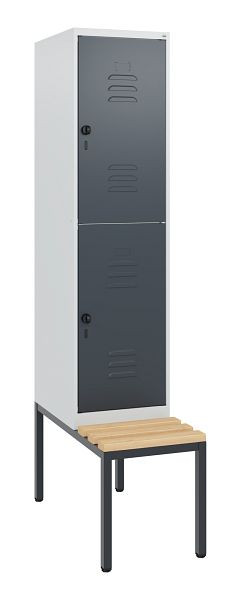 C+P Doppelstöckiger Spind Classic PLUS, Bank, 1950x400x815mm, 7035/7016, Drehriegel, Sitzleisten aus Buche, mit untergebauter Sitzbank, 0803505-12 S10008