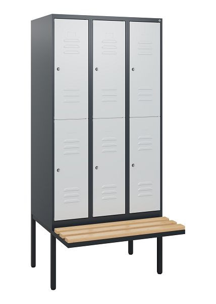 C+P dubbeldekskast Classic PLUS, 3 vakken, 1950x900x815mm, 7016/7035, cilindersloten, beukenhouten zitlatten, zitting, 0803405-30 S10043