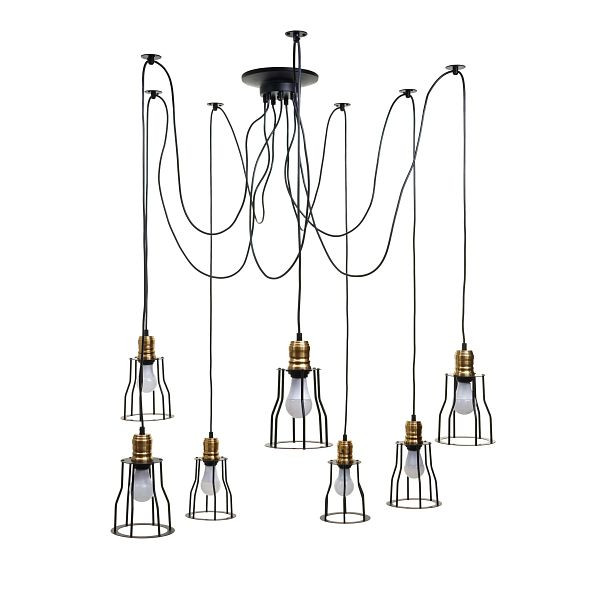Mendler hanglamp HWC-H81, hanglamp hanglamp, industrieel metaal in hoogte verstelbaar zwart, 7x kooi lampenkap, 74191