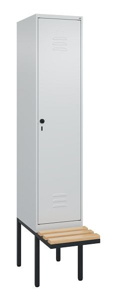 C+P Umkleidespind Classic PLUS, 2120x400x815mm, 7035/7035, Drehriegel, Buche-Sitzleisten, je 2 Doppel-Haken, 0800407-12F S10009