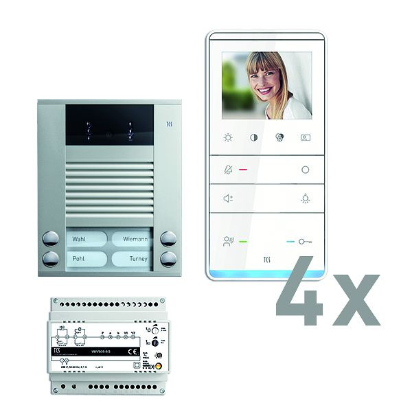 TCS deurbediening video: pack AP voor 4 wooneenheden, met voordeurstation AVE 4 belknoppen, 4x video handsfree luidspreker IVW5111, besturing, PVE16040-0010