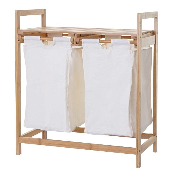 Mendler wasmand HWC-B83, Wassorteerder, wasmand, bamboe 2 vakken 74x64x33cm 70l, wit, 60731