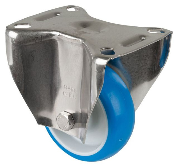 BS rollen RVS transportrol, vaste rol, breedte 28 mm, Ø80 mm, tot 70 kg, polyurethaan blauw, wiellichaam kunststof, glijlager, plaat, H110.B32.080