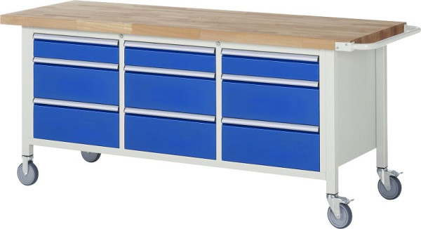 RAU verrijdbare werkbank model 8573, B2000xD700xH880-1080mm, links: 120, 2x210mm, midden: H120, 2x210mm, rechts: 120, 2x210mm, 05-8573A2-207B4H.11