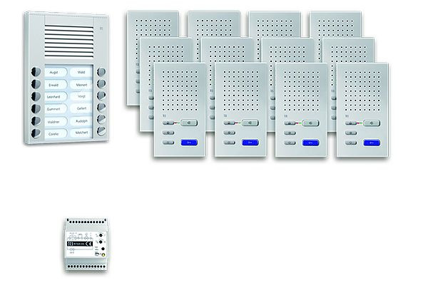 TCS deurbediening audio: pack AP voor 12 wooneenheden, met buitenpost PES 12 belknoppen, 12x handsfree luidspreker ISW3030, bedieningseenheid, PPAF12-EN/02