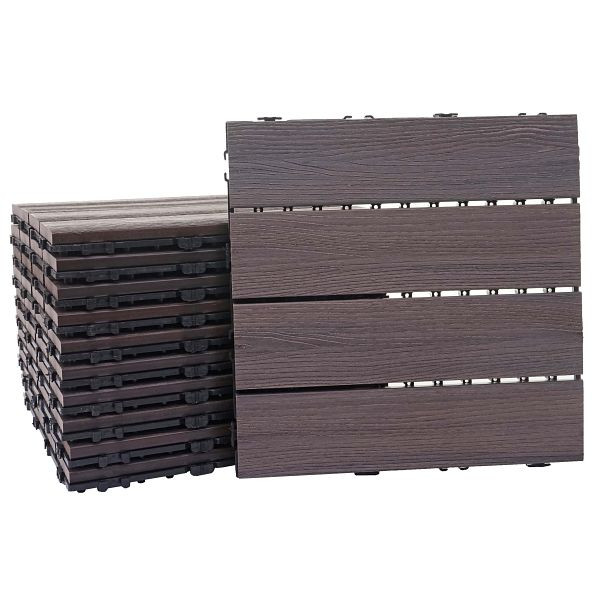 Mendler WPC vloertegel HWC-E20, houtlook balkon/terras, 3D lineaire structuur, 11x elk 30x30cm = 1m², grijsbruin gestempeld, 65169