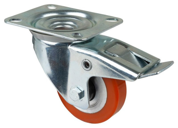 BS rollen transportrol met rem, breedte 20 mm, Ø80 mm, tot 120 kg, loopvlak gegoten polyurethaan, wiellichaam aluminium, kogellagers, L420.B90.080