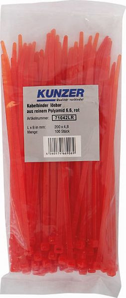 Kunzer kabelbinders 200 x 4,8 rood (100 stuks) afneembaar, 71042LR