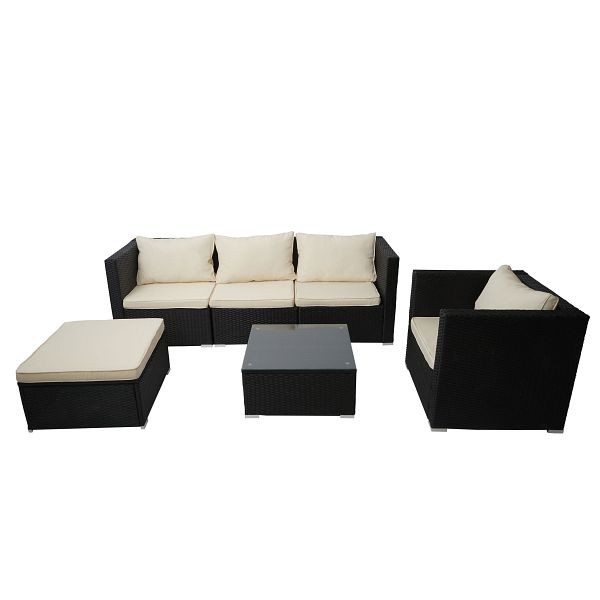 Mendler Brescia poly rotan set, tuinset, bank loungeset, zwart, creme kussens, 76297+76298+76299