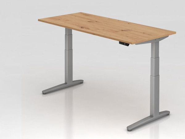Hammerbacher bureau XBHM19, 180 x 80 cm, blad: knoestig eiken, 25 mm dik, ABS dikke rand, rechthoekige vorm, zilver, VXBHM19/R/SS