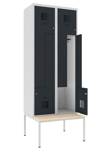 KEMMLIT Z-locker met 2 vakken en 4 deuren 40cm met bank, antracietgrijs 7016, cilinderslot, 100173