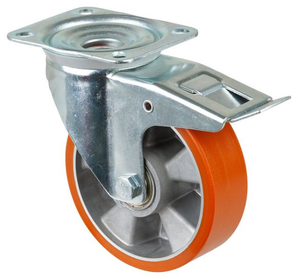 BS rollen transportrol met rem, breedte 50 mm, Ø160 mm, tot 300 kg, gegoten polyurethaan loopvlak, aluminium behuizing, kogellagers, L420.B90.160