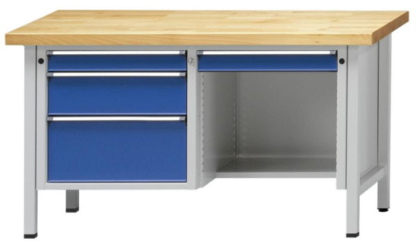 ANKE kastwerkbank; 1500x700mm; RAL7035 / 5010; Links 3 laden 90, 180, 270 mm; Rechts 1 lade; Vloerset, model 348 V