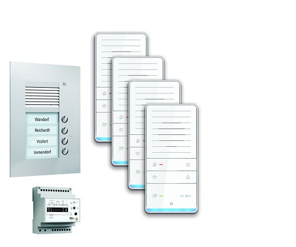 TCS deurbediening audio: pack UP voor 4 wooneenheden, met buitenstation PUK 4 belknoppen, 4x handsfree luidspreker ISW5031, bedieningseenheid BVS20, PAUF041 / 001