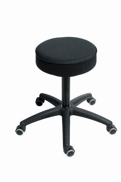 Lotz Hocker, Sitz: Kunstleder, schwarz, Ø 360 mm, Sitzstärke 90 mm, Sitzhöhenverstellung: 480 - 680 mm, Kunststoff-Fußkreuz, 3520.1-10