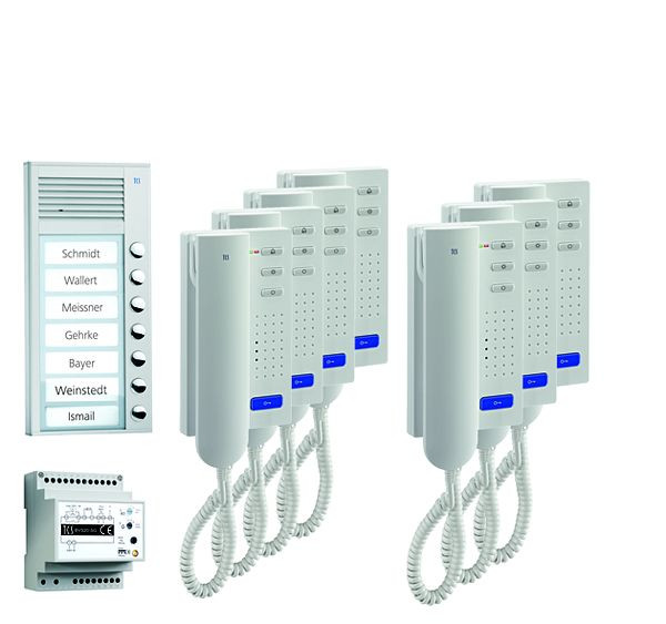 TCS deurbediening audio: pack AP voor 7 wooneenheden, met buitenpost PAK 7 belknoppen, 7x deurtelefoon ISH3030, bedieningseenheid BVS20, PPA07-EN / 02
