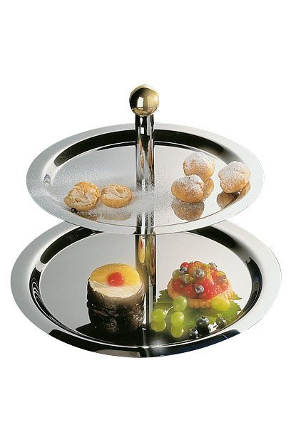 APS Etagère, 2-laags -FINESSE-, Ø 38/32 cm, hoogte: 30 cm, RVS 18/0, messing kogelgreep, hoogglans verchroomde buizen, 33238
