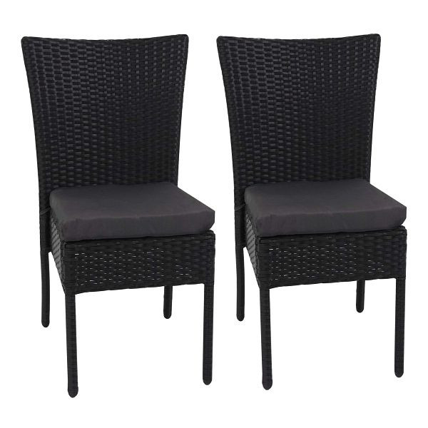 Mendler set van 2 poly rotan stoelen HWC-G19, balkonstoel, tuinstoel, stapelbaar, zwart, donkergrijze kussens, 70950