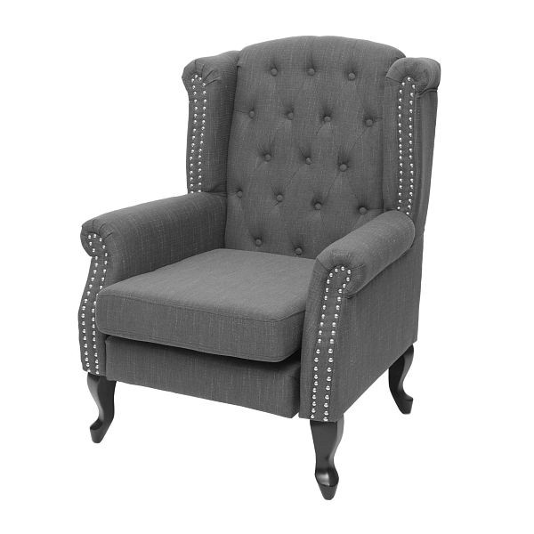Mendler fauteuil Chesterfield, relaxfauteuil clubfauteuil oorfauteuil, waterafstotende stof/textiel, donkergrijs zonder hocker, 75300+75301