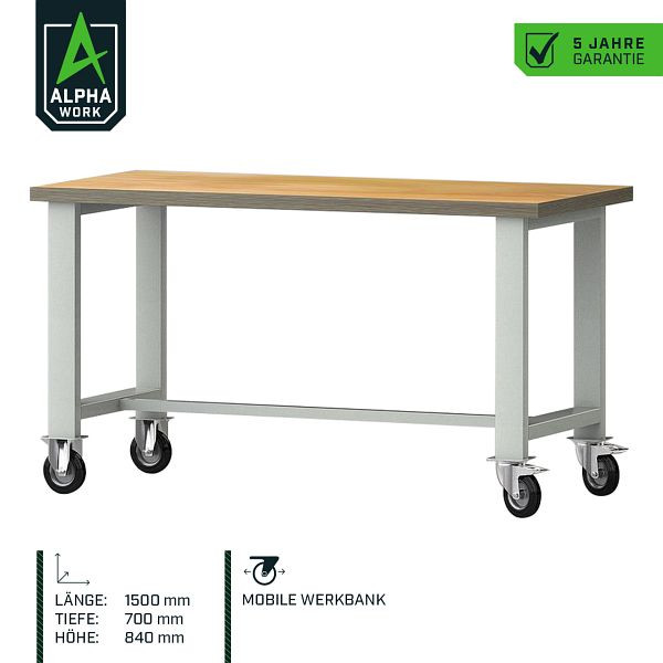 Alpha Work Verrijdbare werkbank Basic, 1500 x 840 x 700mm, beuken multiplex blad, lichtgrijs, 2 zwenkwielen, 2 bokwielen, 07273