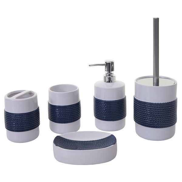 Mendler 5-delige badkamerset HWC-C73, toiletset, badkamerset, badkameraccessoires, keramiek, blauw/wit, 62079