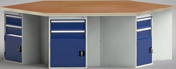 KLW standaard werkbank in zeshoekige vorm met beuken multiplex blad in zeshoekige vorm 2338 x 2700 x 40 mm L x B x S, WS620N-1350M40-E8006