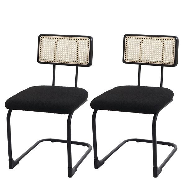 Mendler set van 2 sledestoelen HWC-K88, fauteuil, hout rotan metaal bouclé, stof/textiel zwart, 97713