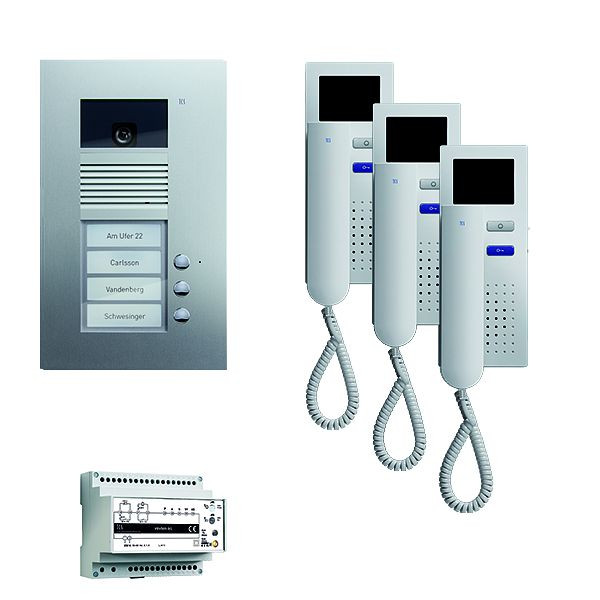 TCS deurbediening video: pack UP voor 3 wooneenheden, met voordeurstation AVU 3 belknoppen, 3x videodeurtelefoon IVH3222, bediening, PVU1630-0010
