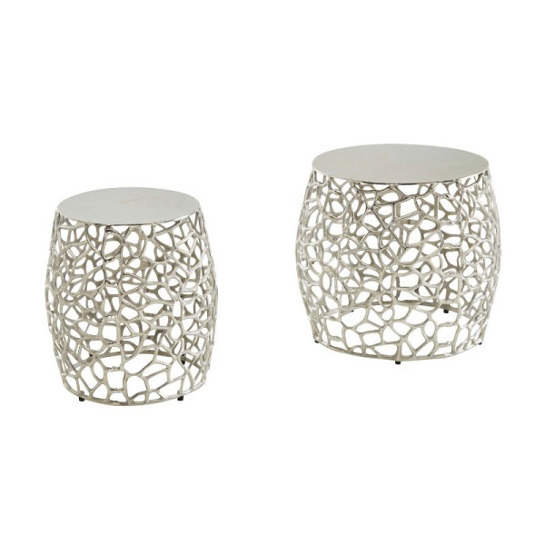 Wohnling bijzettafels set van 2 aluminium zilver design nesttafels metaal rond, woonkamertafel salontafel takstructuur modern, WL6.655