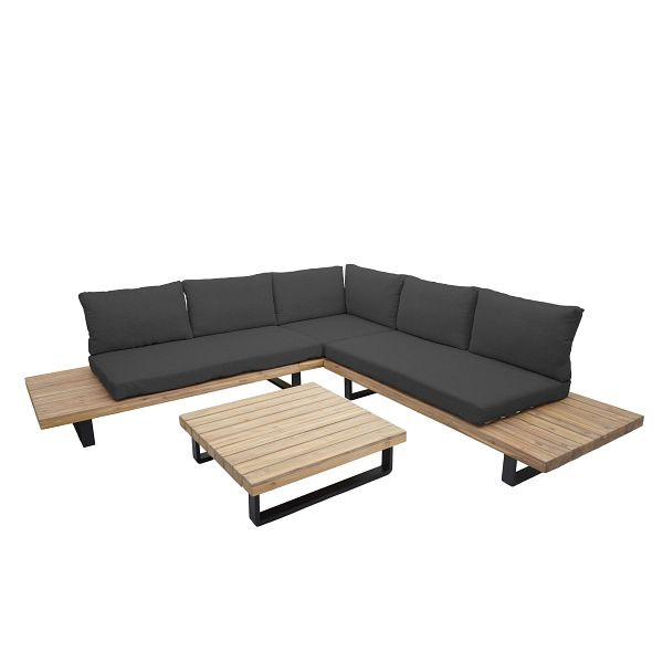 Mendler HWC-H54 tuinset, loungeset bankstel, gesponnen poly acaciahout, donkergrijze kussens, 73642+73643