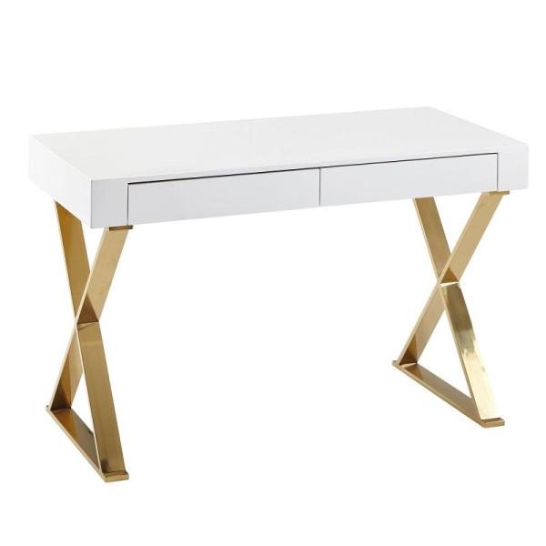Wohnling bureau 118x76x57 cm hout hoogglans wit metalen poten gouden design computertafel pc-tafel kantoortafel modern WL6.314